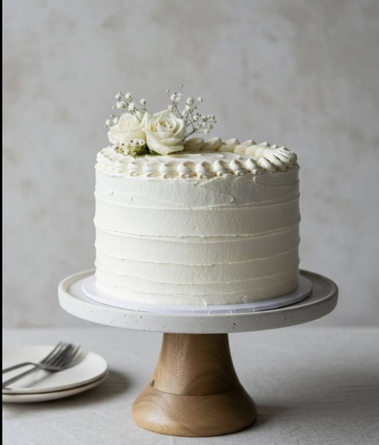 Elegant white layered cake with rose topper on cake stand — Cake Letter